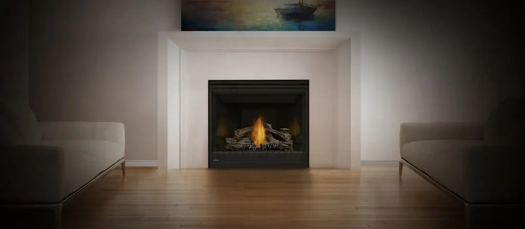 Modern gas fireplace with glowing flames in minimalist living room