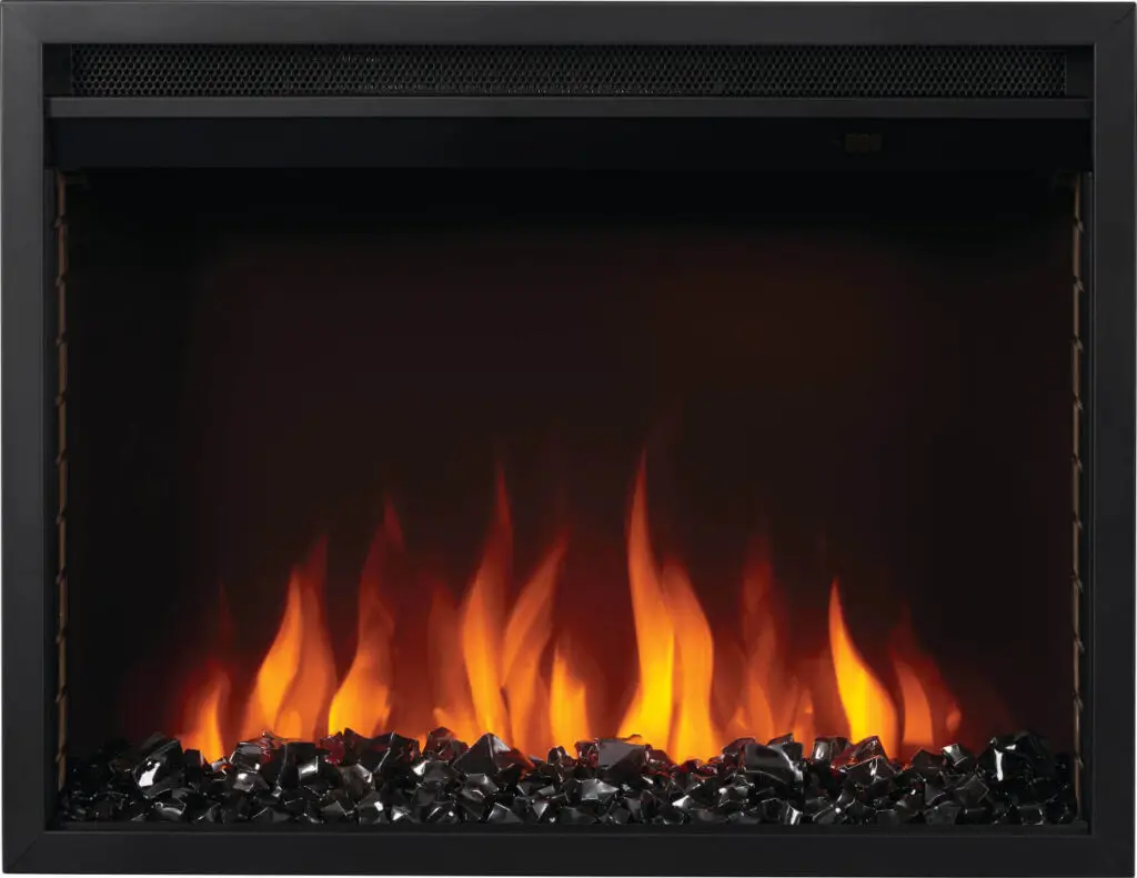 Electric fireplace insert with glowing flames and glass beads