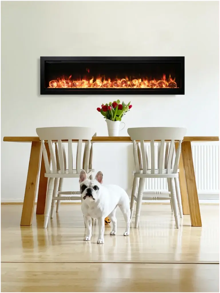 French Bulldog in modern dining room with electric fireplace