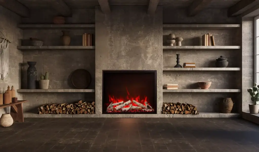 Rustic living room with glowing electric fireplace and shelves