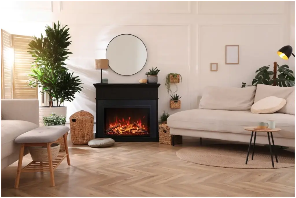 Cozy living room with electric fireplace and neutral decor