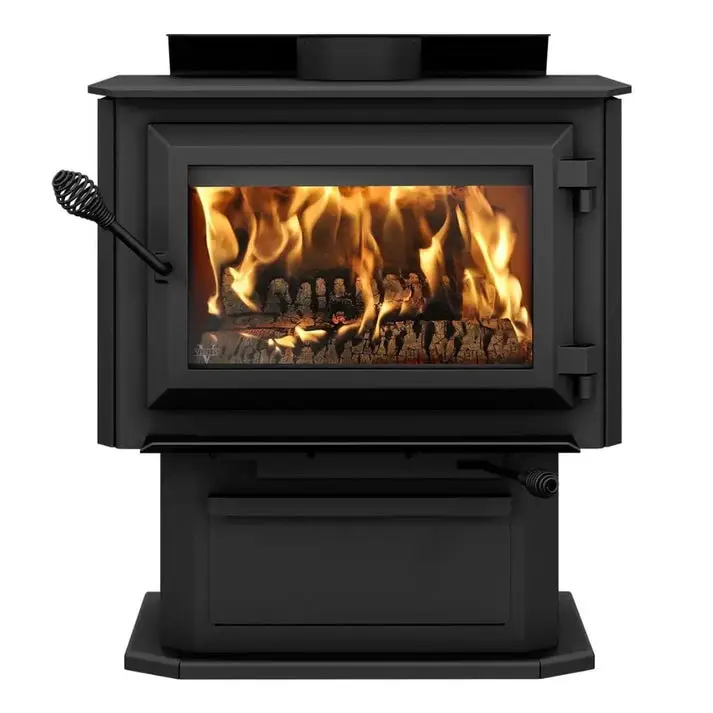 Black wood-burning stove with glowing flames inside