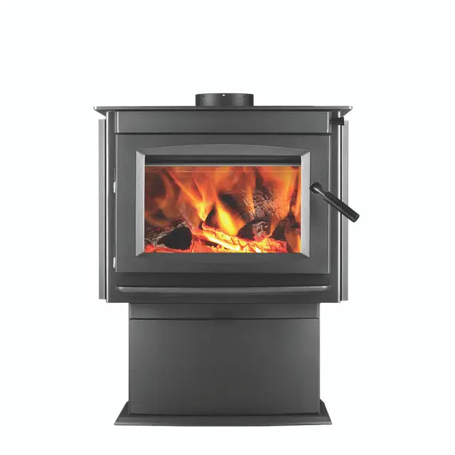 Black freestanding wood-burning stove with active flames