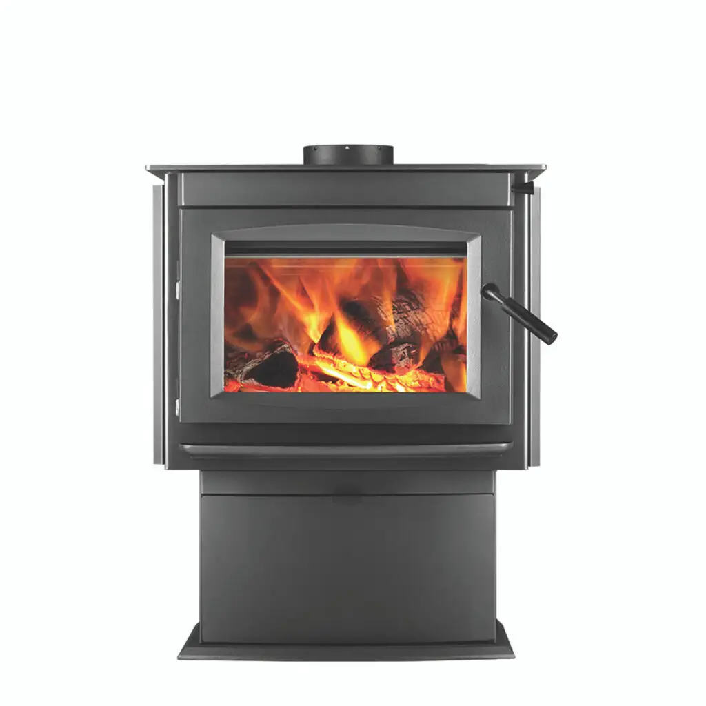 Black freestanding wood-burning stove with glowing fire inside